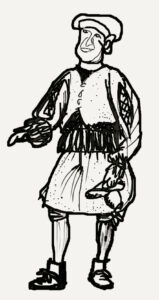 Eine fiktive, gezeichnete Figur eines Fuhrmanns aus dem Mittelalter um 1500